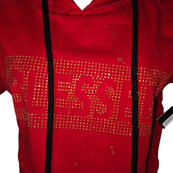 NWT Mystiq Blessed Gold Splattered Hooded Short Sleeve Top - Picture 2 of 3